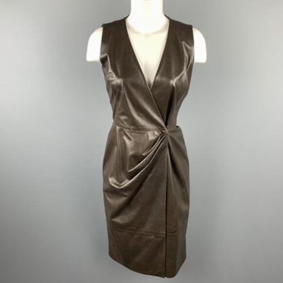 OSCAR DE LA RENTA Size 4 Brown Leather Draped Sleeveless Wrap Dress - Picture 1 of 8